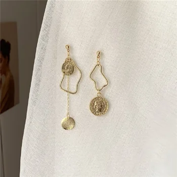 Нова Златна монета на женско лице, Момичета Кръгли обеци с асимметрией S925 Модни бижута обеци-карамфил Дълги висящи обеци