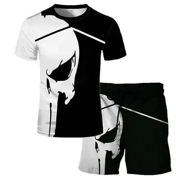 Нова мода мъжка тениска с 3D принтом на черепа и панталони с виртуален скелет, лятна ежедневни тениска с къс ръкав, потници, тениски