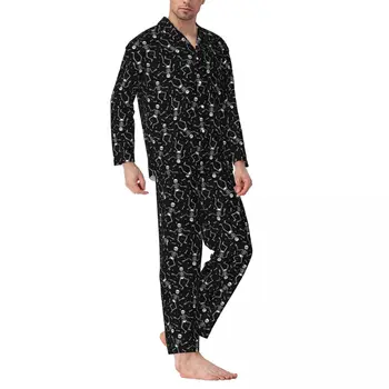 Пижамные комплекти с виртуален скелет на Хелоуин, Есенна пижама с принтом на Черепа, Удобно облекло за почивка, мъжки, 2 броя, Ежедневни пижама с шарени Оверсайза
