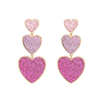 Популярни INS Прекрасна Виолетово-розови, Дълги обици-висулки във формата на сърце с три влюбени Индивидуалност Тенденция Чар, За жени, Подарък за бижута