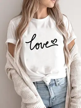 Прекрасна тениска с кръгло деколте и любовни писмо, модни тениски с къс ръкав, дамски тениски с анимационни принтом, дамски дрехи, графична тениска