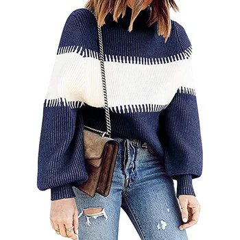 Пуловер, Дамски пуловер, пуловер с висока воротом и ръкав-фенерче, Нов всекидневен свободен пуловер райе с високо воротом, дамски зимни дрехи