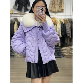 Пуховое късо палто Зима 2023, най-продаваният пуховик с яка от кожа чернобурки, Модни Топло дамски дрехи