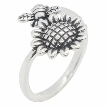 Размер 6-10 Нов Пръстен от сребро 925 проба Бижута Lady Girls S925 Fashion Bee Цвете Сребърен пръстен