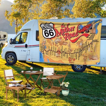 Ретро постер на Route 66, Завеси, украшения за дома с принтом в ретро стил, Стенни Килими, Подвесная кърпа за къмпинг, Пътен мат
