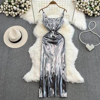 Сексуалното Блестящо женствена рокля на спагети презрамки 2023, нова лятна мода, без ръкави, с кръгло деколте, Приталенное Вечерна рокля с цепка отзад, Vestido