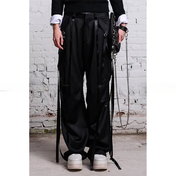 Стръмни черни ежедневни панталони с висока талия, тежък дълъг ремък, широки панталони в стила на рок-енд-рол, Зима 2023, Нови модни удобни панталони