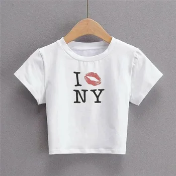 Тениска с писмото принтом на 90-те години, Модерен Случайни Топ С кръгло деколте и къс ръкав, Лятна Секси Детска Тениска Y2K, Дамски дрехи