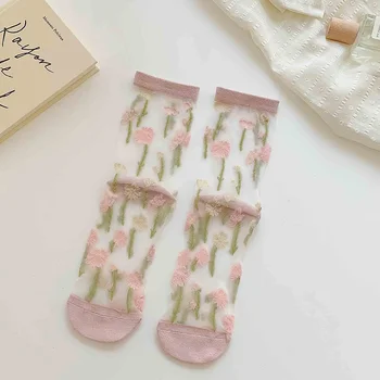 Тънки прозрачни копринени чорапи с кристали, дамски модни летни чорапи в стил харадзюку, градинска облекло в стил ретро с цветя, ластични чорапи