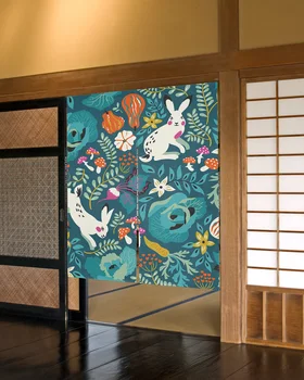 Цветя, Зайче и Гъбични Листа Къс Кухненски Завеса На вратата На Кафене В японски стил, Украса на ресторанта, Прегради