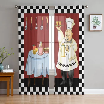 Червено и Черно-бяло каре с Кухненски нож за гурме Прозрачни завеси за Декорация на кухня в хола Тюлевая завесата Прозорец завеса