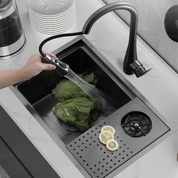 Черна Кухненска мивка Nano С капак за тоалетна Мивка С однощелевой Чаша Скрит кран за източване Аксесоари за дома Оборудване
